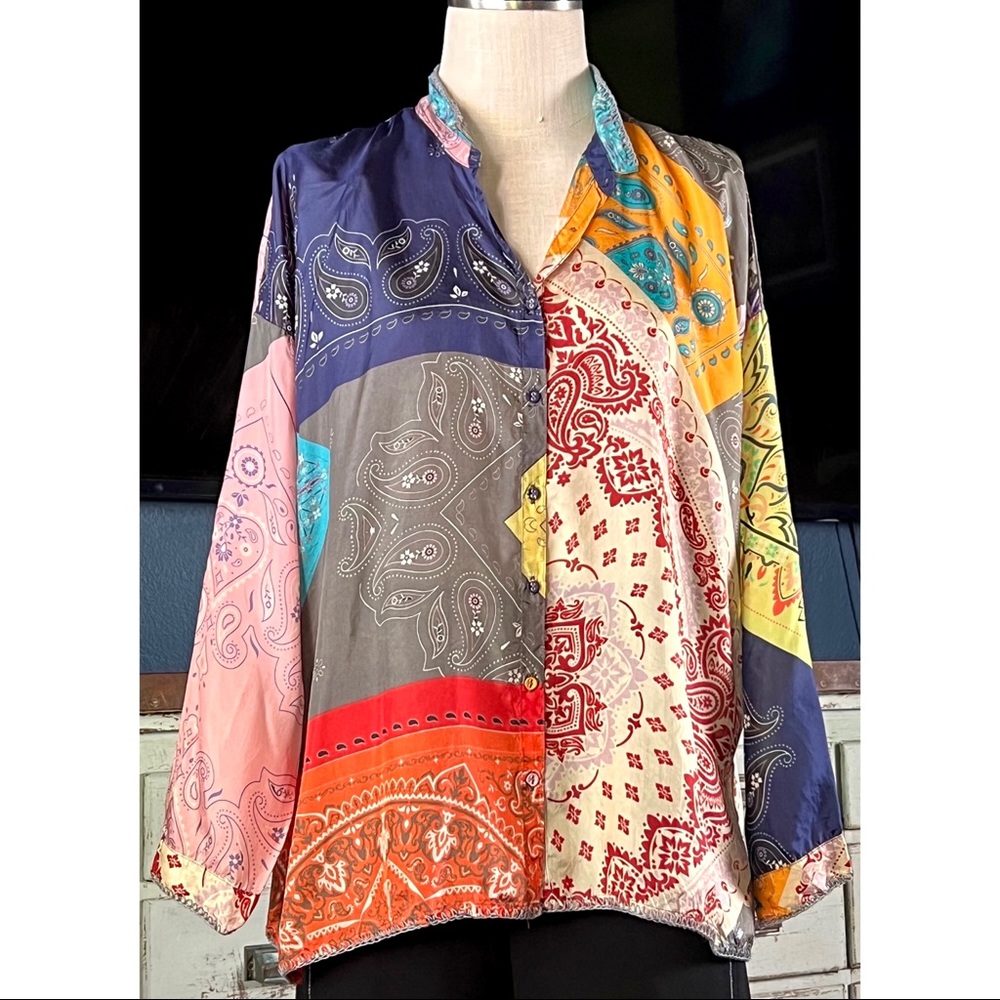 Johnny Was Dakota Adelaide Silk Patchwork Blouse Top S